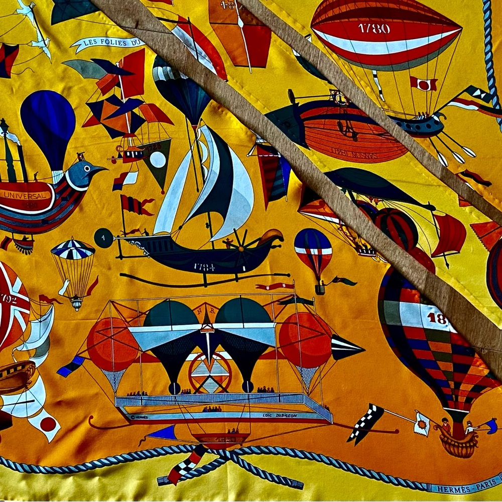 Hermès Vintage “Les Folies Du Ciel” Airship Nautical Silk Scarf - 3 cut pieces